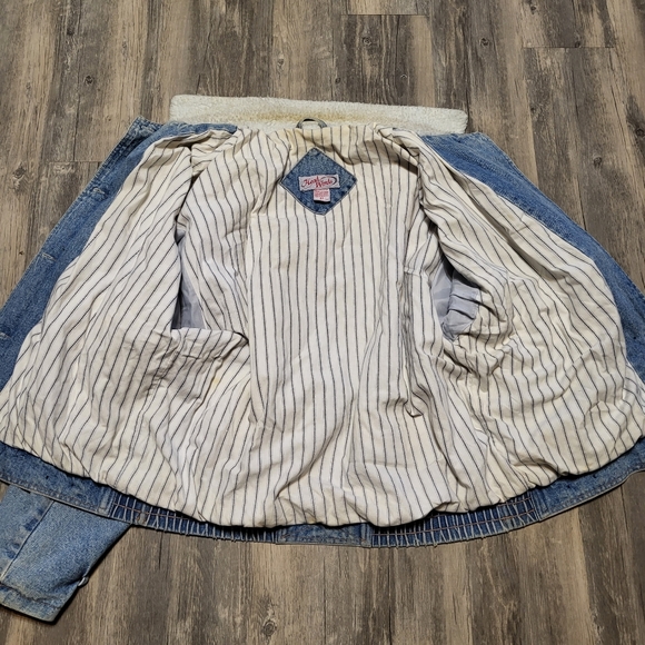 Vintage Jean Bomber Jacket Lined Sherpa Collar Light Wash Denim Coat Size Medium - Picture 5 of 8